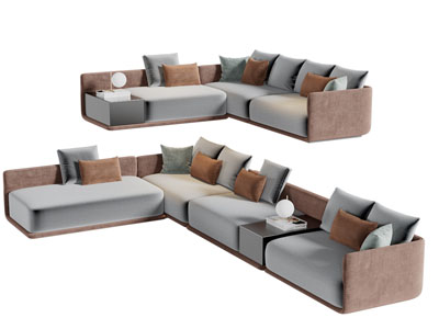 现代撞色布艺转角多人沙发