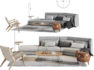 现代布艺弧形多人沙发休闲椅子茶几组合