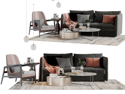 现代黑色布艺多人沙发休闲椅子茶几组合