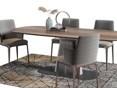 现代圆角长方形实木餐桌椅组合