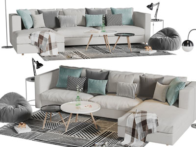 北欧灰色布艺多人沙发茶几组合