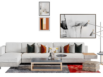 新中式布艺转角多人沙发茶几组合