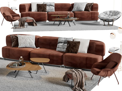 现代橙红色布艺多人沙发休闲椅子茶几组合