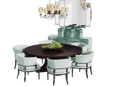 美式实木圆形餐桌椅组合餐边柜