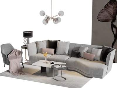 现代布艺灰色多人单人沙发茶几组合