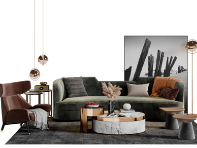 现代轻奢布艺多人沙发单人沙发茶几组合