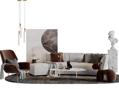 现代轻奢布艺弧形多人沙发休闲椅子茶几组合