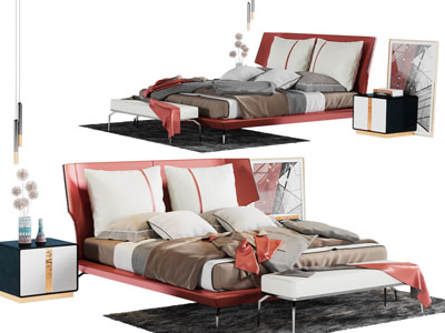 现代红色双人床床尾凳