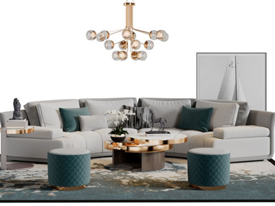 现代弧形布艺多人沙发坐墩茶几组合