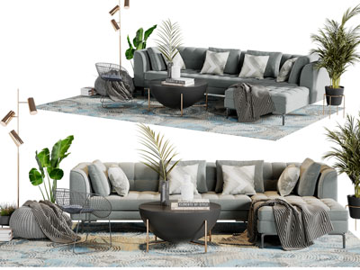 现代轻奢布艺转角多人沙发茶几组合