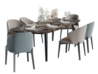 现代椭圆形大理石餐桌椅组合