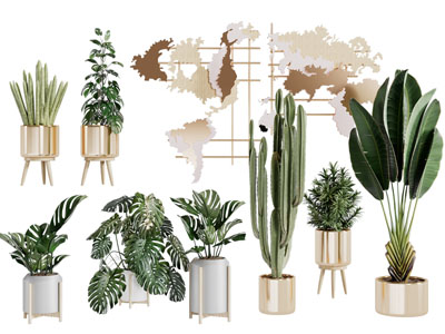 现代轻奢金色花盆盆栽植物3d模型 现代轻奢金色花盆盆栽植物