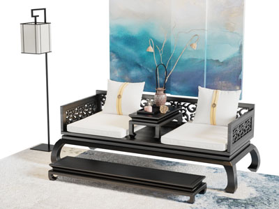 新中式带脚踏的罗汉床3d模型 新中式带脚踏的罗汉床