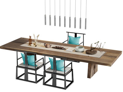 中式实木长方形茶桌椅组合