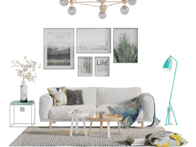 北欧双人沙发落地灯茶几组合