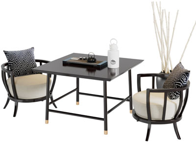 新中式黑色正方形茶桌椅组合