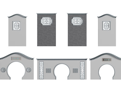 中式园林带窗格的装饰墙古建3d模型 中式园林带窗格的装饰墙古建