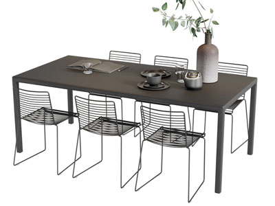 现代长方形餐桌搭配镂空金属餐椅组合