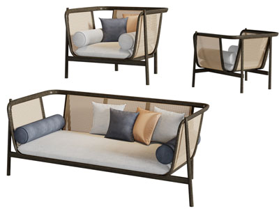 新中式藤编靠背的多人单人沙发