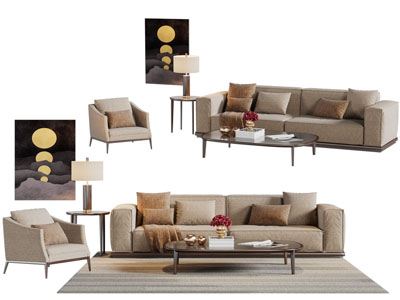 现代卡其色布艺多人单人沙发茶几组合