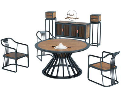 新中式圆形餐桌椅组合边柜