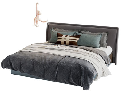 现代灰色布艺双人床