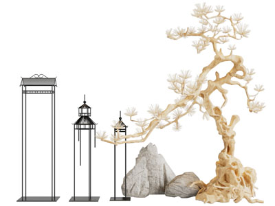 新中式松树假山地灯景观园艺小品