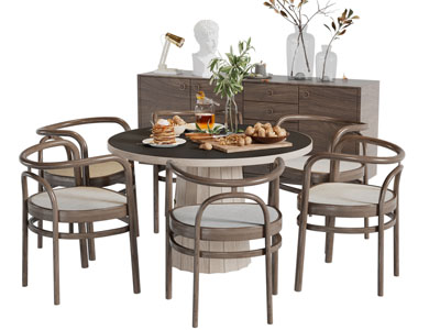 现代圆形餐桌椅组合边柜