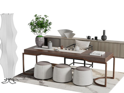 新中式长方形茶桌椅组合