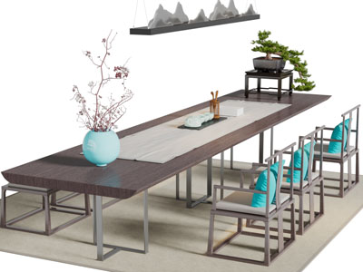 新中式实木长方形餐桌椅组合