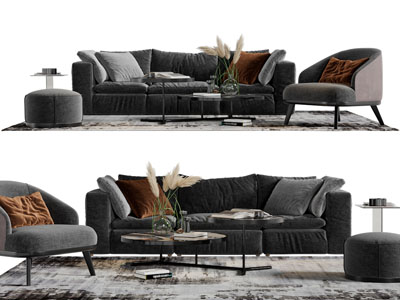 现代灰黑色布艺多人沙发茶几组合