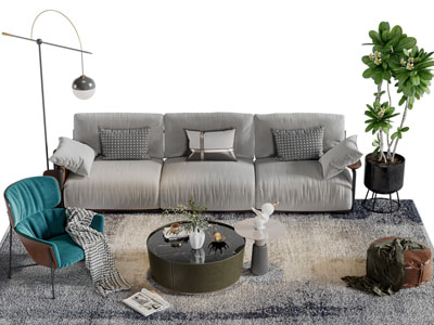 现代布艺多人沙发休闲椅子茶几组合