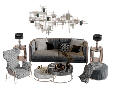 现代多人沙发休闲椅子坐墩茶几组合