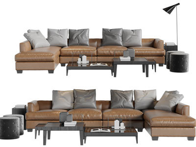 现代转角皮革多人沙发茶几组合