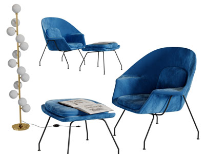 现代蓝色布艺休闲椅子脚踏