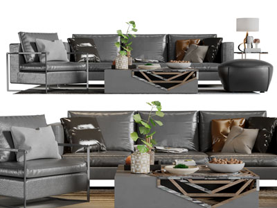 后现代黑色真皮多人单人沙发茶几组合