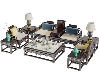 中式古典雕花实木双人单人沙发茶几组合