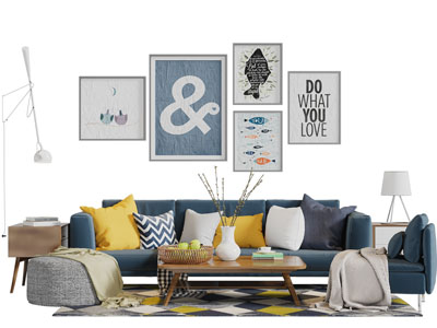 北欧布艺多人单人沙发坐墩茶几组合