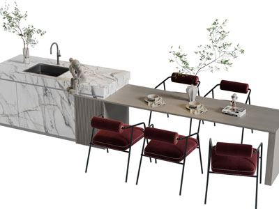 现代带厨房中岛的餐桌椅组合