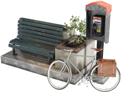 工业风电话亭公共椅子自行车3d模型 工业风电话亭公共椅子自行车