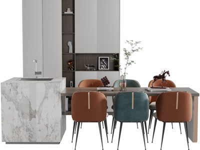 现代带水吧台的餐桌椅组合装饰柜