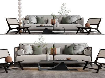 新中式布艺多人沙发休闲椅子茶几组合