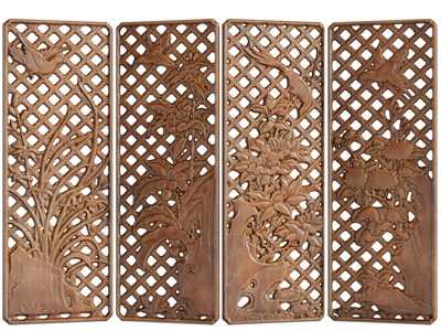 中式实木浮雕花鸟屏风