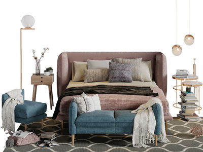 北欧布艺双人床床尾凳