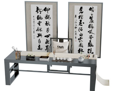 新中式书桌椅字画组合