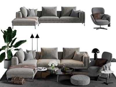 现代灰色布艺转角多人沙发茶几组合