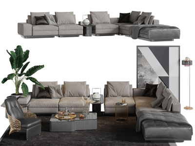 现代中间有茶几的转角多人沙发茶几组合