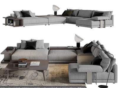 现在转角布艺多人沙发茶几组合