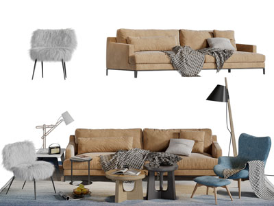 现代布艺多人沙发休闲椅子茶几组合