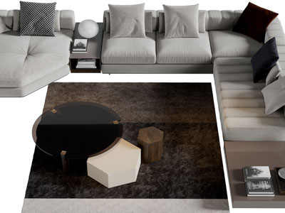 现代布艺转角多人沙发茶几组合